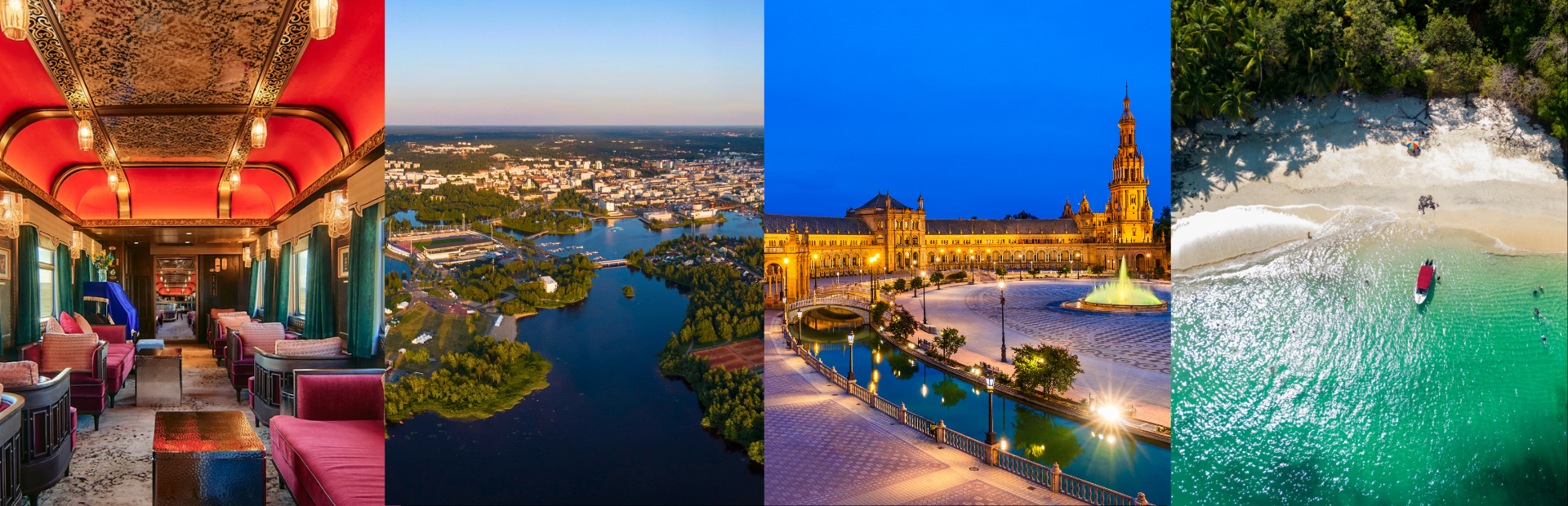 A collage of four images: a luxurious red and gold train interior, an aerial view of a city with rivers, a lit plaza at dusk, and a tropical beach with turquoise water.